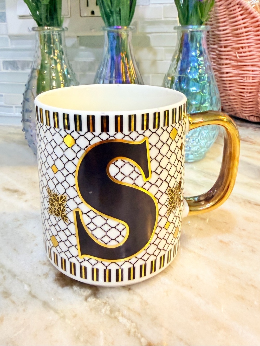 Monogram 'S' Gold-Accent Ceramic Mug anthropology inspired